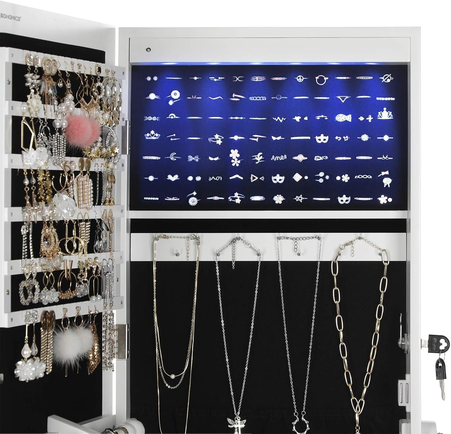 LED Full Length Mirror Jewelry Cabinet Lockable Standing Organizer White
