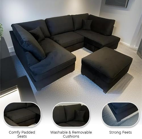 Black U Shape Plush Velvet Corner Sofa – 5 Seater Set with Footstool