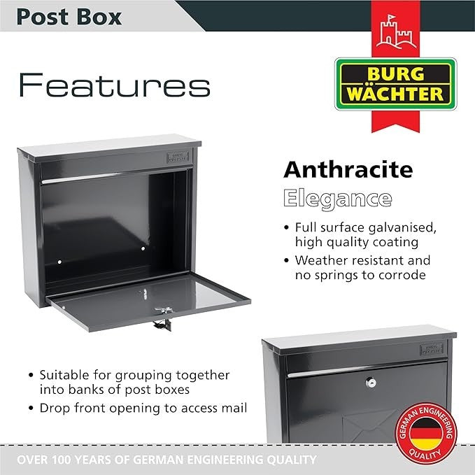 Wall Mounted Lockable Steel Post Box Weatherproof Secure Mailbox Anthracite