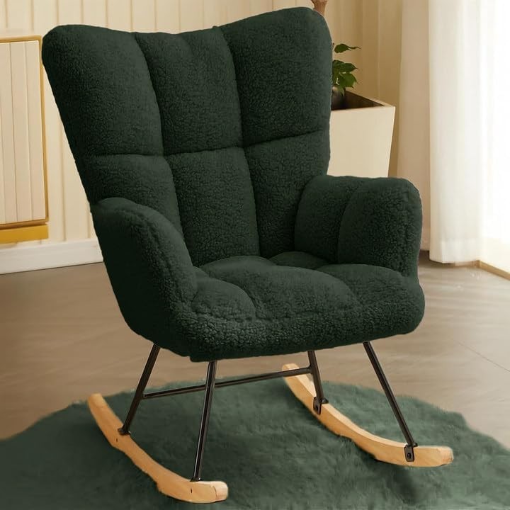 Green Lambswool Rocking Chair with High Back & Armrest - Comfy Nursery Seat