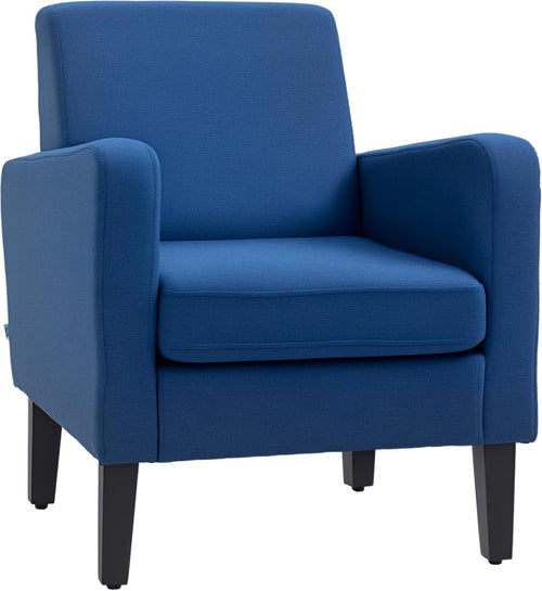 Modern Blue Linen Armchair with Spring Cushion, Wood Legs – Living Room Cozy