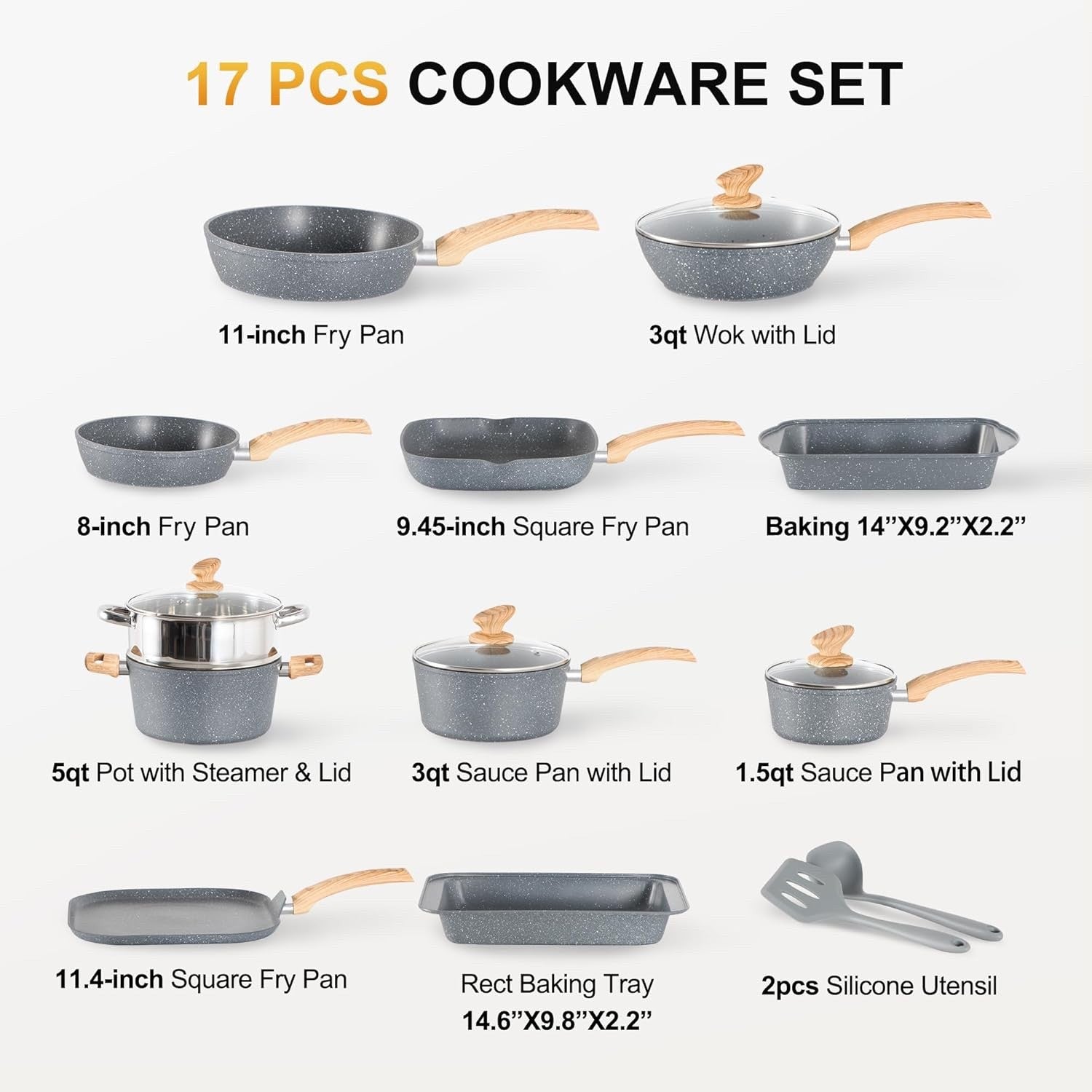 17pcs Granite Non-Stick Cookware Set Induction Pots & Pans with Lids Grey