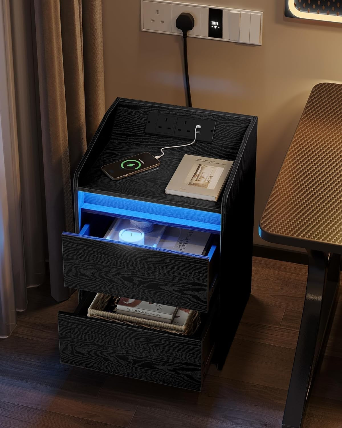 LED Bedside Tables Set of 2 with USB Ports & Power Outlets – Modern Nightstands