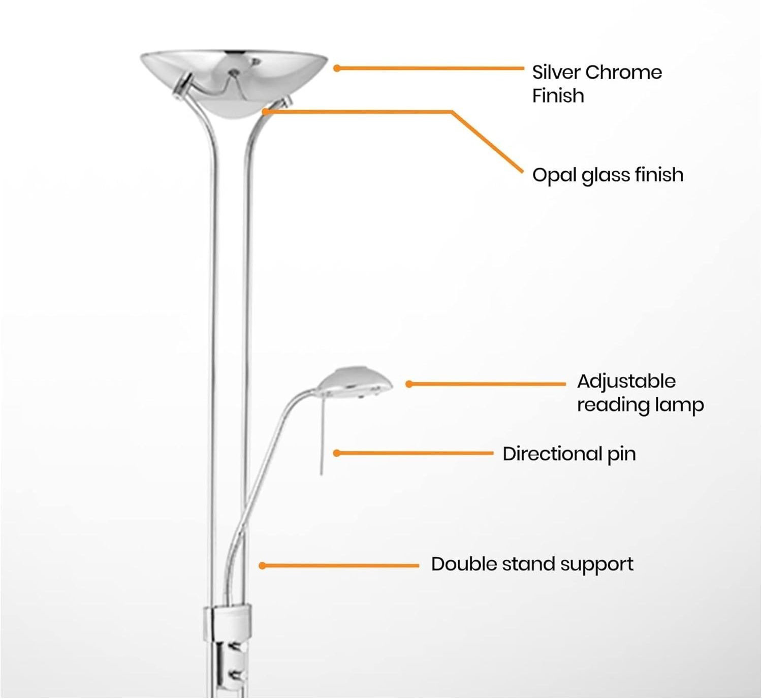 Chrome Dimmable Floor Lamp with Reading Arm 180cm Tall Uplighter Light