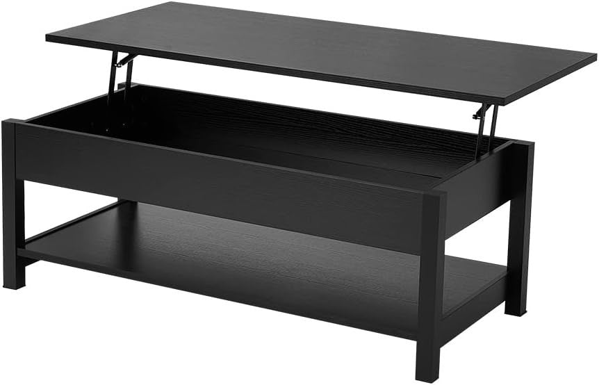 Lift-Up Top Coffee Table with Hidden Storage & Open Shelf, Black Wood