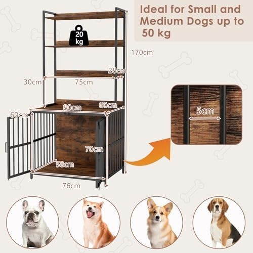 Wooden Dog Crate Furniture with Shelves & Double Doors Indoor Pet Kennel 80cm