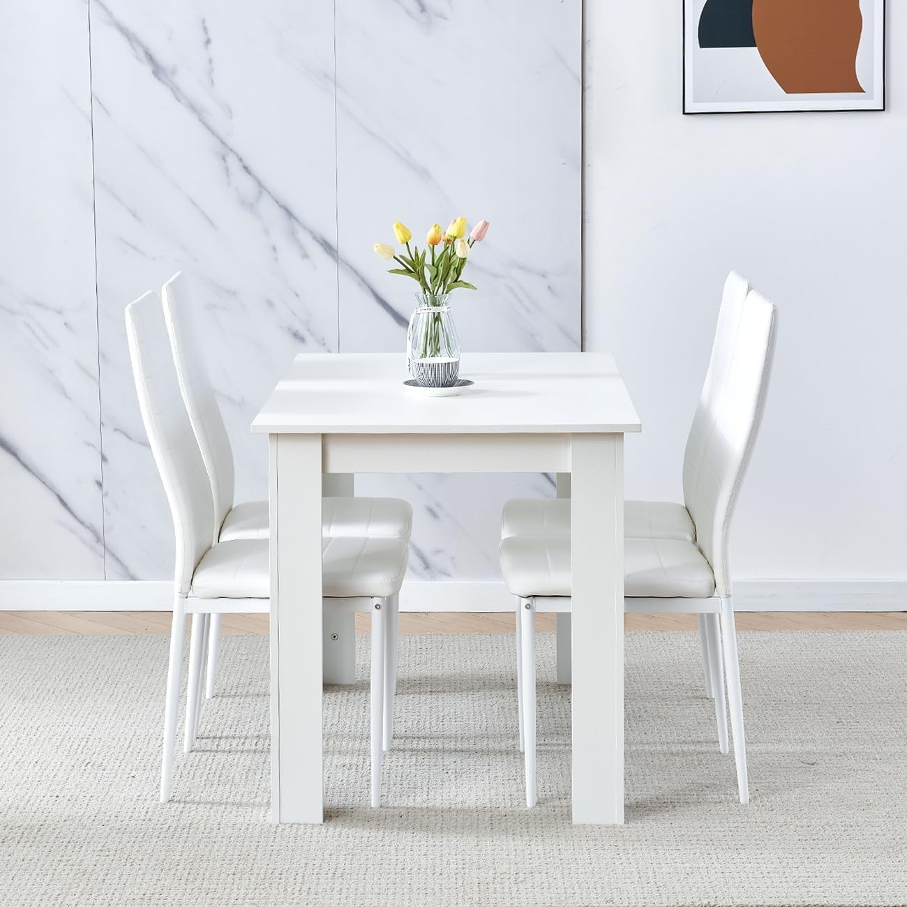 110cm White Dining Table Set + 4 Faux Leather Chairs Modern Kitchen
