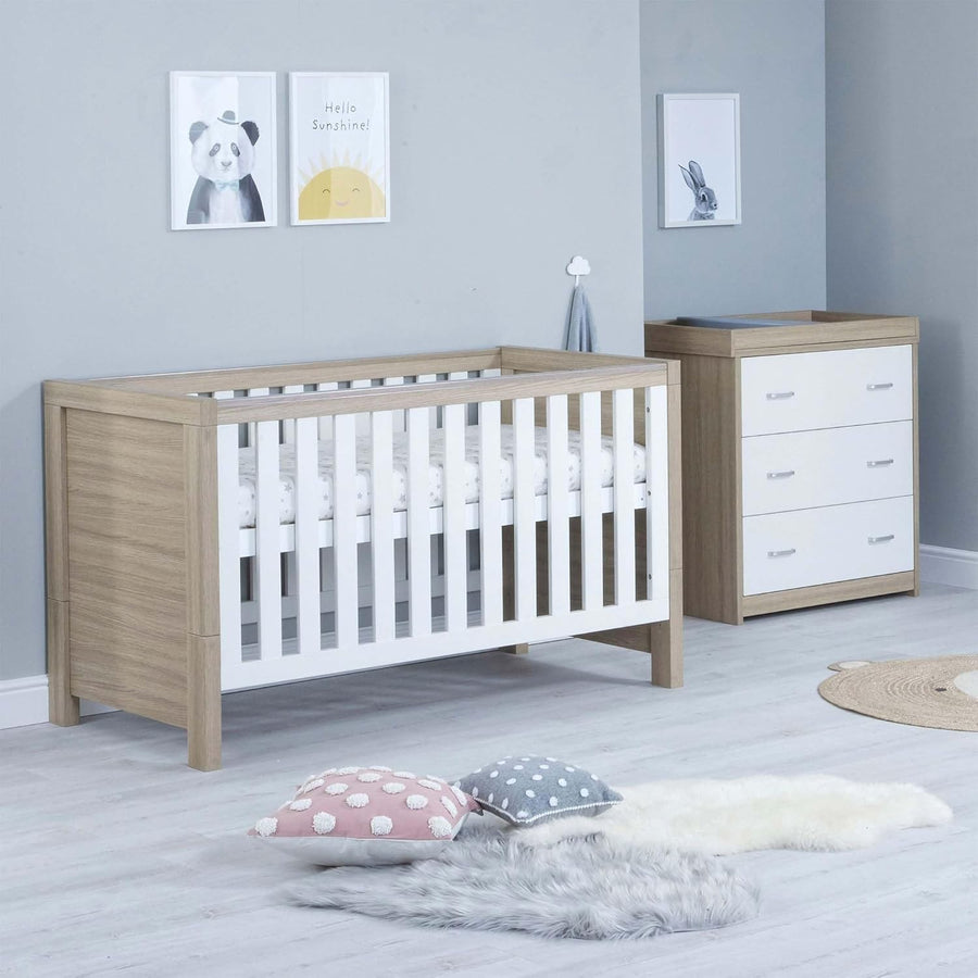 Nursery Furniture Set Cot Bed Wardrobe Chest Drawers Solid Wood White Oak 2Pcs