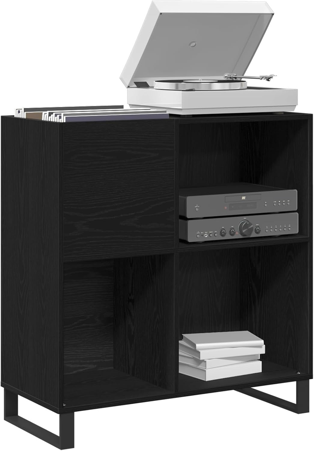 Matte Black Oak Vinyl Record Cabinet – Durable Storage with 3 Spacious Compartme