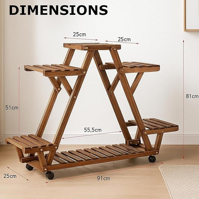Wooden 4 Tier Plant Stand with Wheels Indoor Outdoor Flower Shelf 93x28x95cm