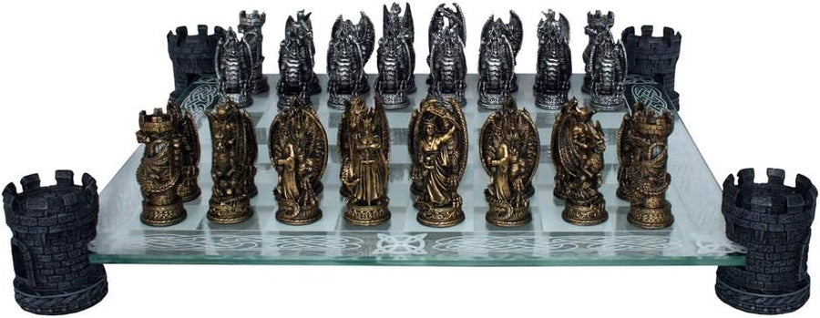Luxury Dragon Chess Set 43cm Bronze | Hand-Painted Resin Pieces on Glass Board