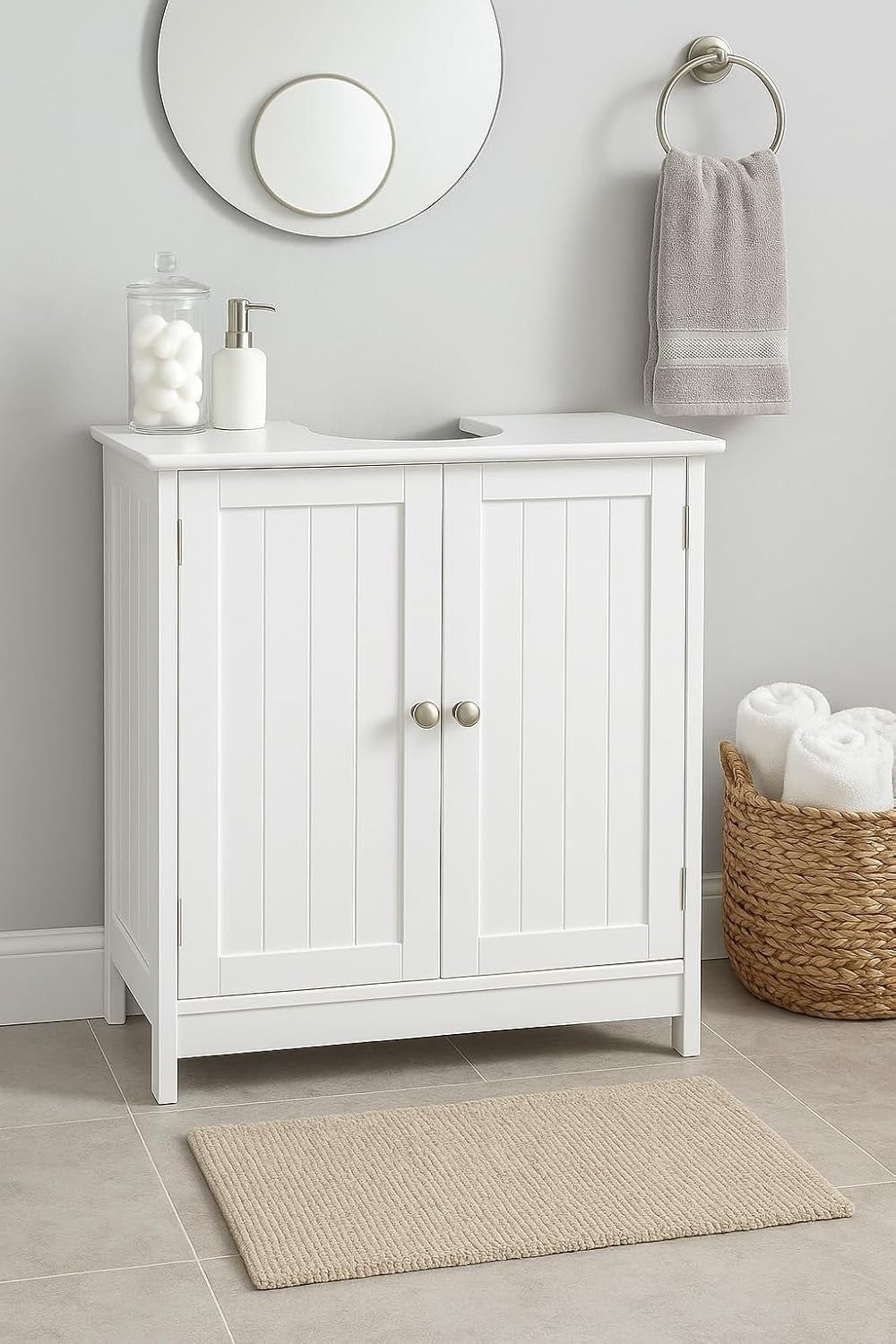 White Under Sink Bathroom Cabinet 60x30x60cm – 2 Doors, Shelf Storage