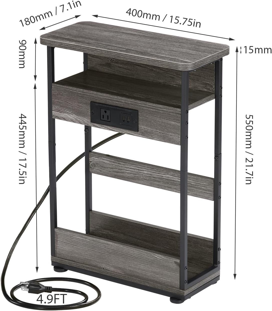 Grey Narrow Side Table with USB & Outlets – 3-Tier Slim Bedside Unit