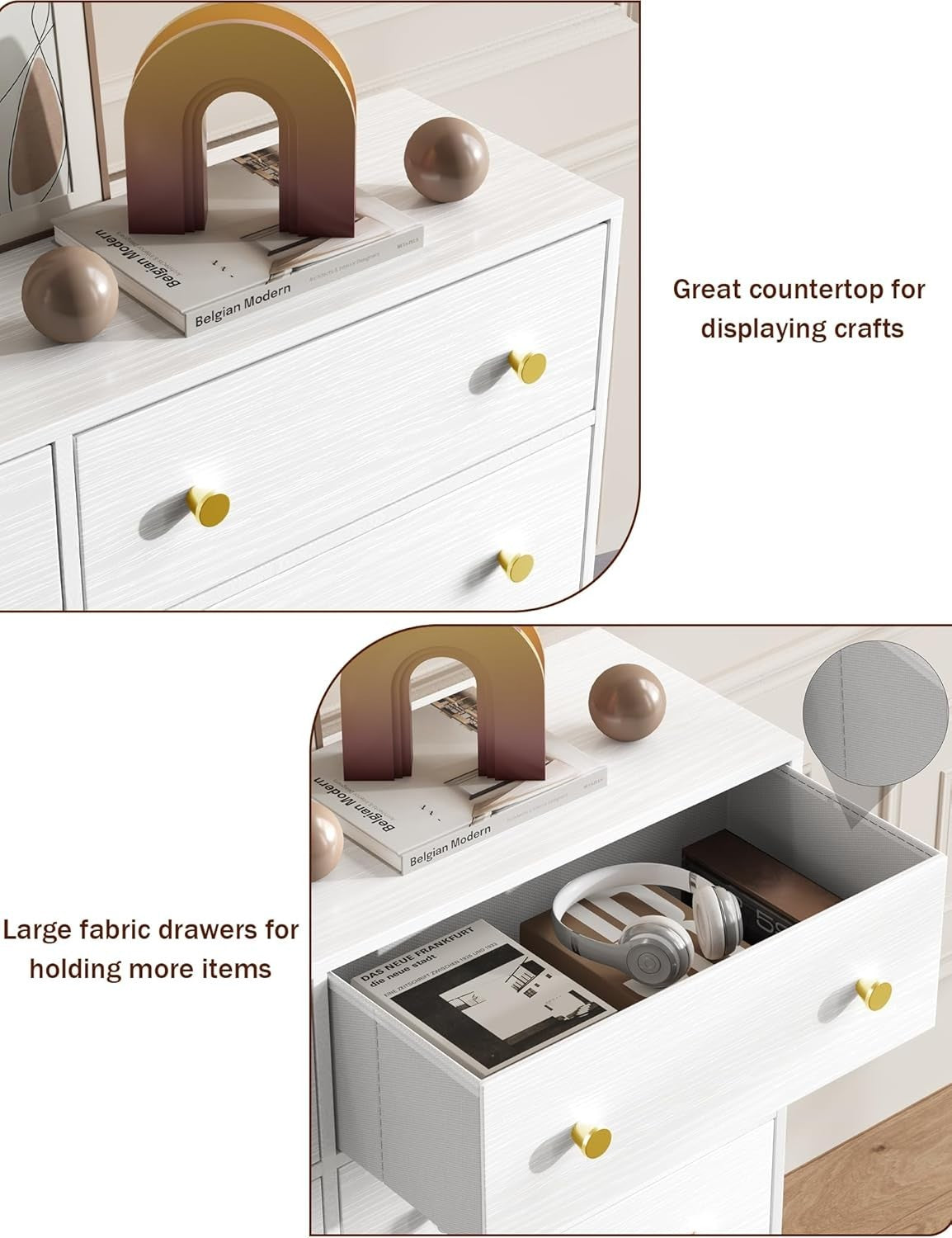 8 Drawer Chest White Fabric Storage Dresser Gold Handles Bedroom Unit
