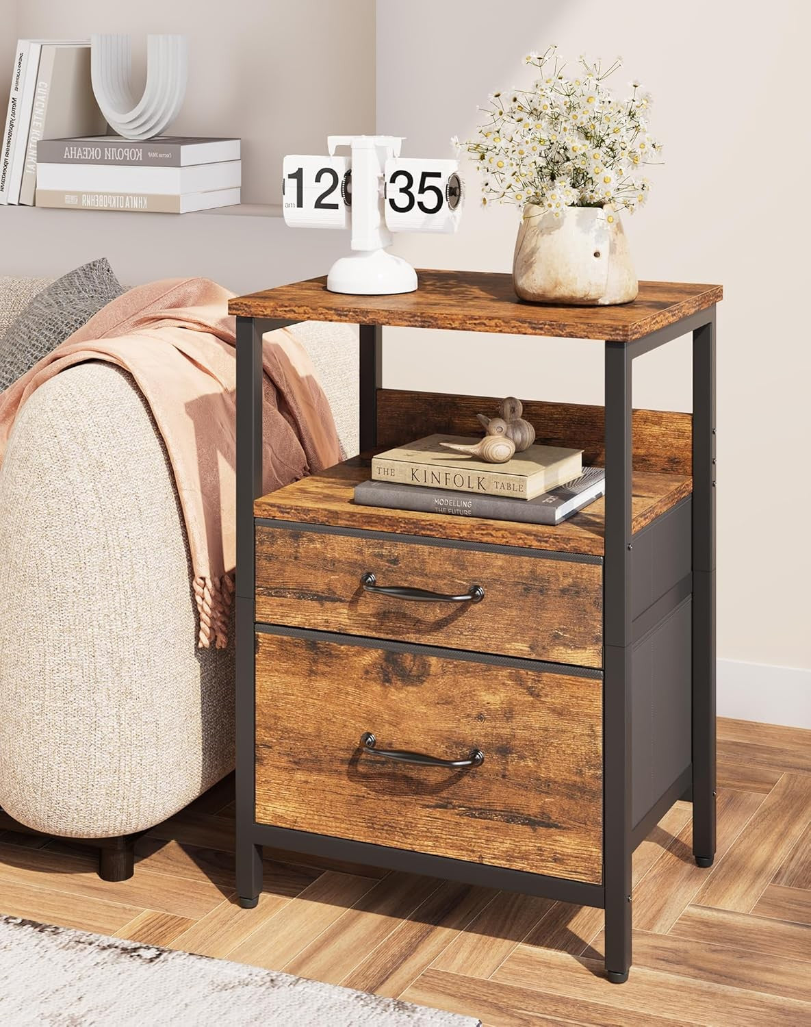 Rustic Brown Bedside Table with 2 Drawers & Open Shelf – Metal Frame Storage Uni