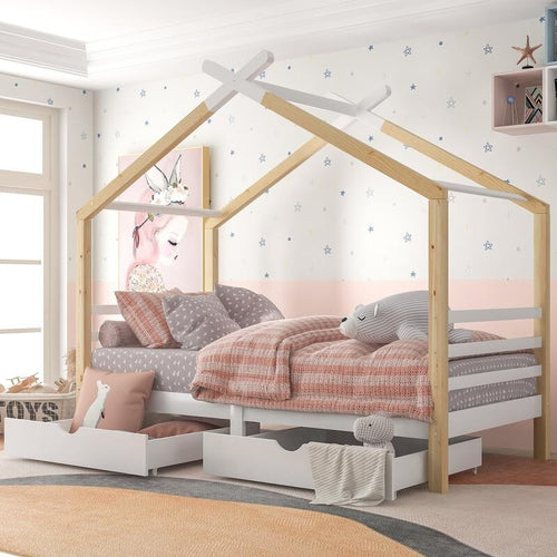 3FT Kids House Bed with Storage Drawers Solid Wood Teepee Frame Toddler Single B