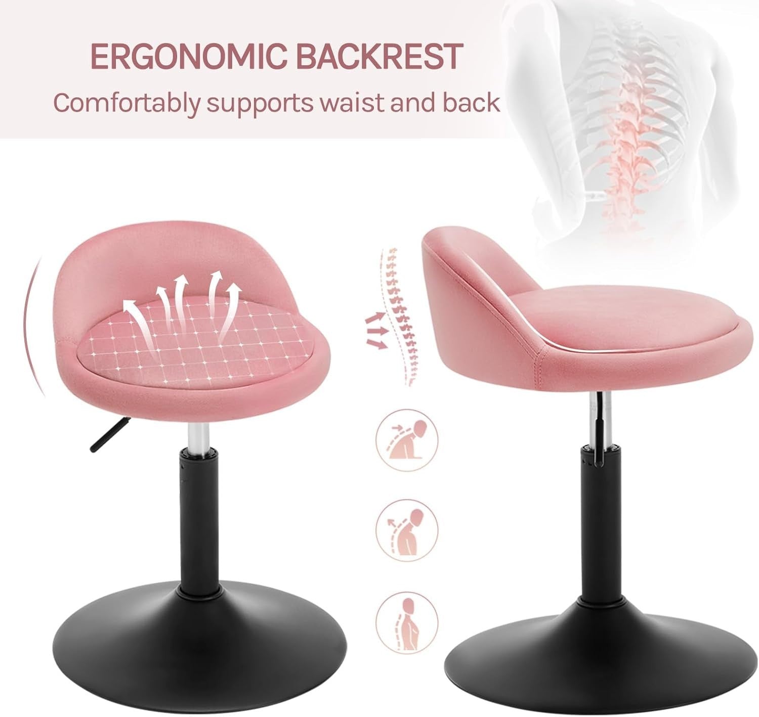 Pink Velvet Swivel Stool Height Adjustable Round Counter Chair Black Base