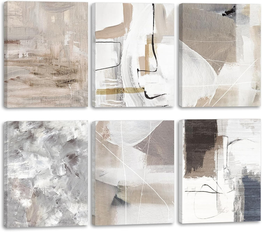 Abstract Wall Art Set of 6 Framed Black White Canvas 8x10in