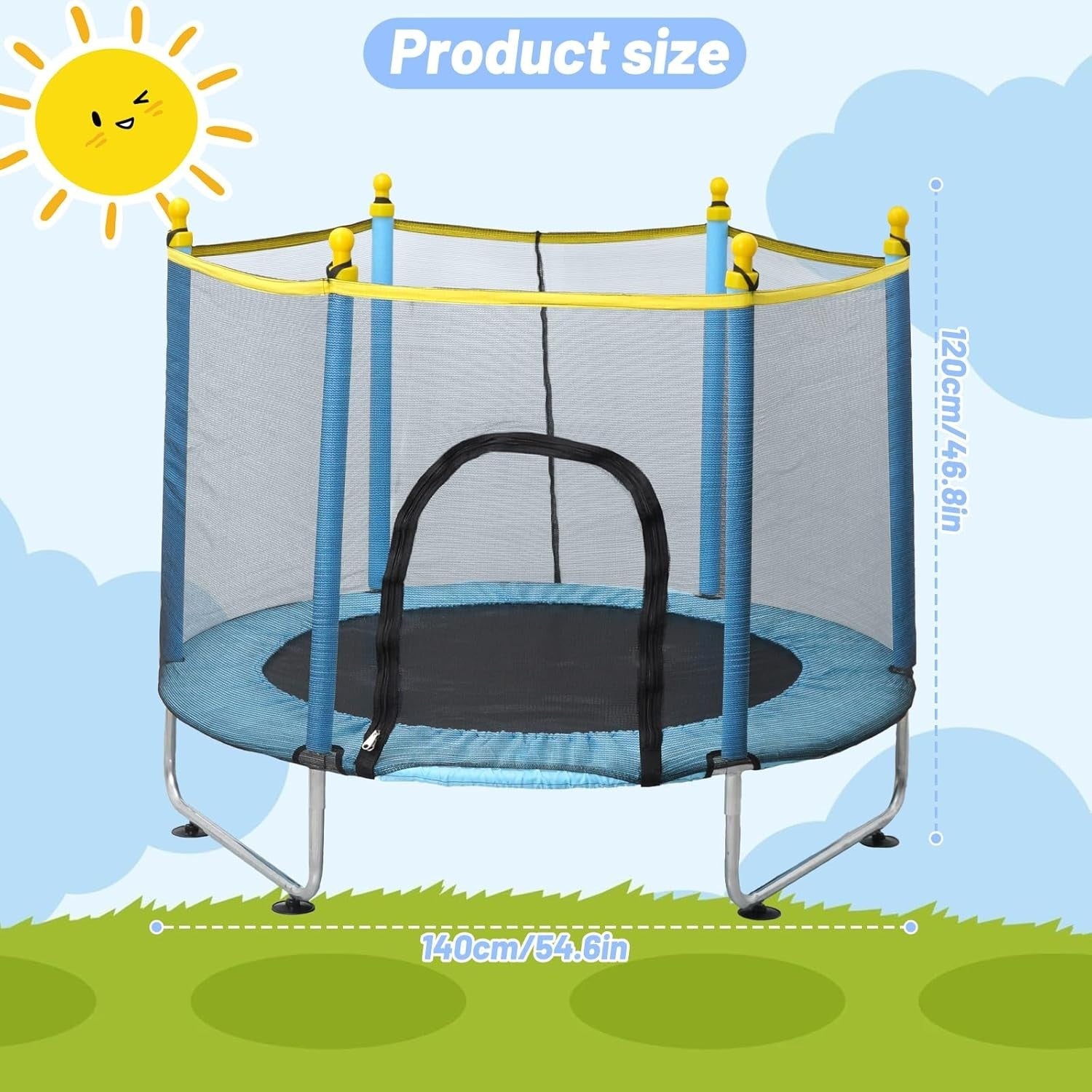 Kids Indoor Outdoor Trampoline with Safety Net & Basketball Hoop 55in