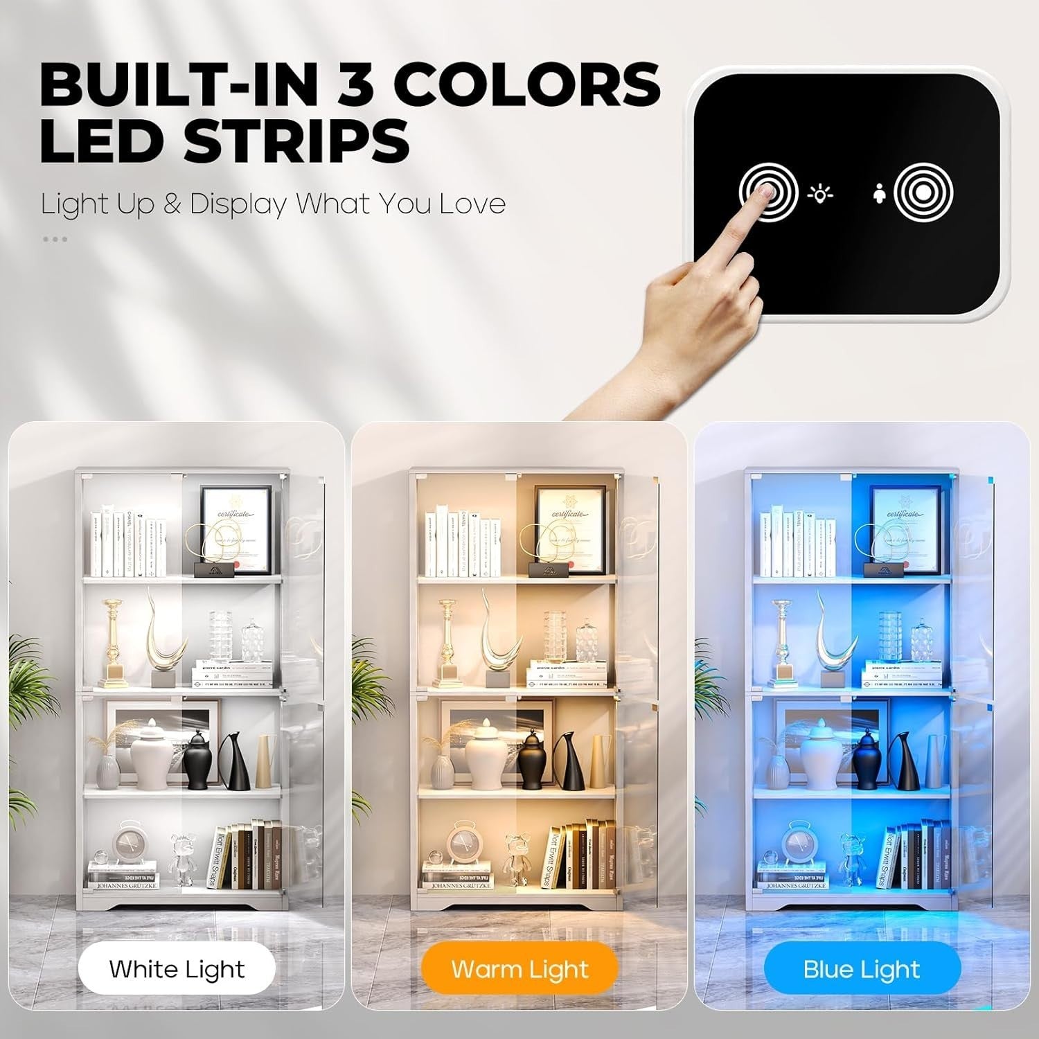 LED Glass Display Cabinet with 3-Color Lights & 4-Tier Storage, 80x36x165cm