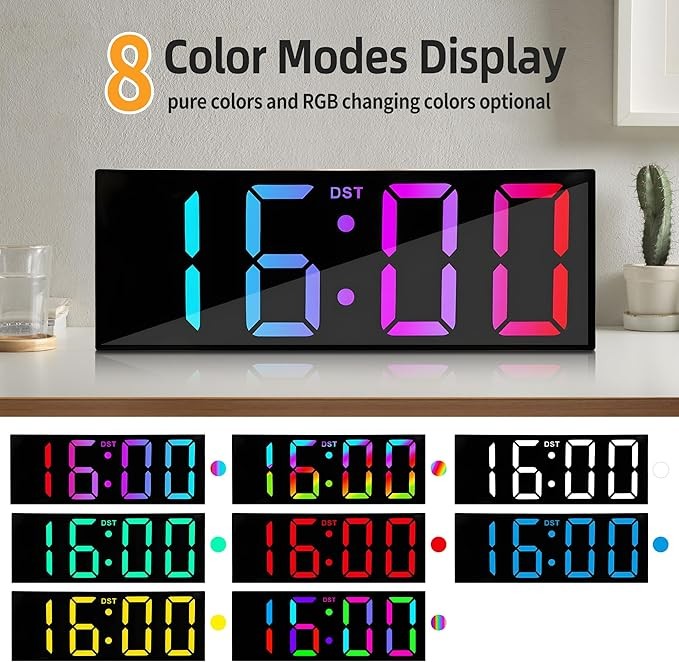 Large RGB Digital Wall Clock 12" LED Display Auto-Dim Night Light Bedroom Office