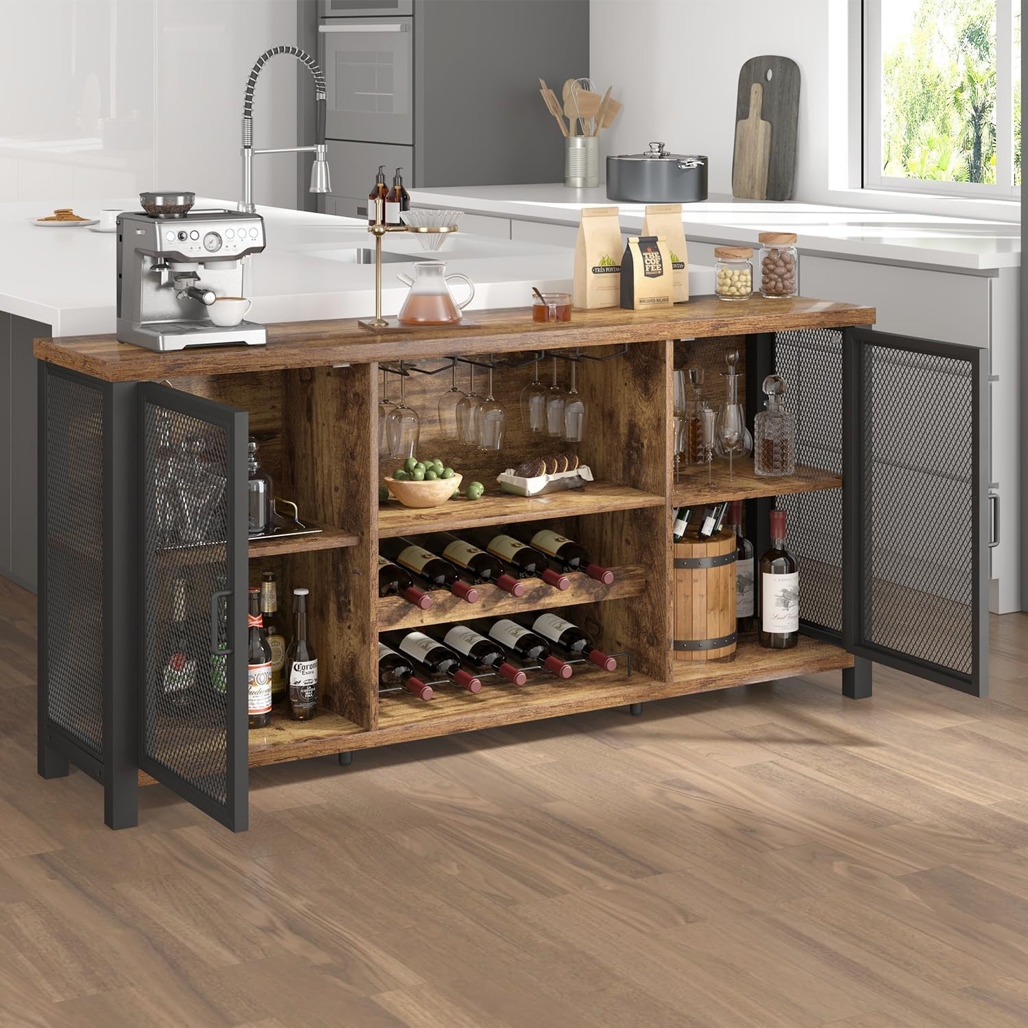 Rustic Industrial Bar Sideboard Cabinet with Wine Rack Glass Storage 140cm