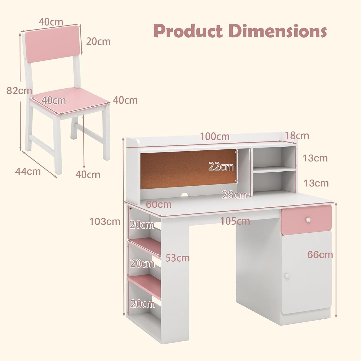 Kids Study Desk & Chair Set Pink White – Storage Shelves, Drawer, Cork Board
