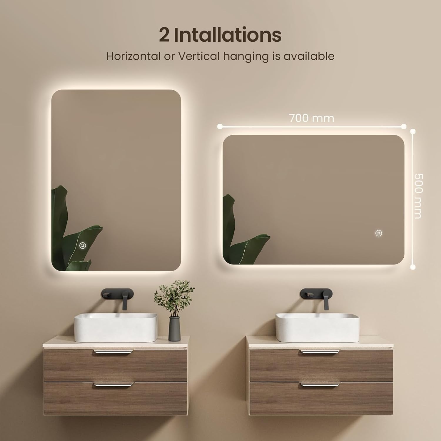 LED Bathroom Mirror 50x70cm Anti-Fog Backlit Touch Sensor Shaver Socket