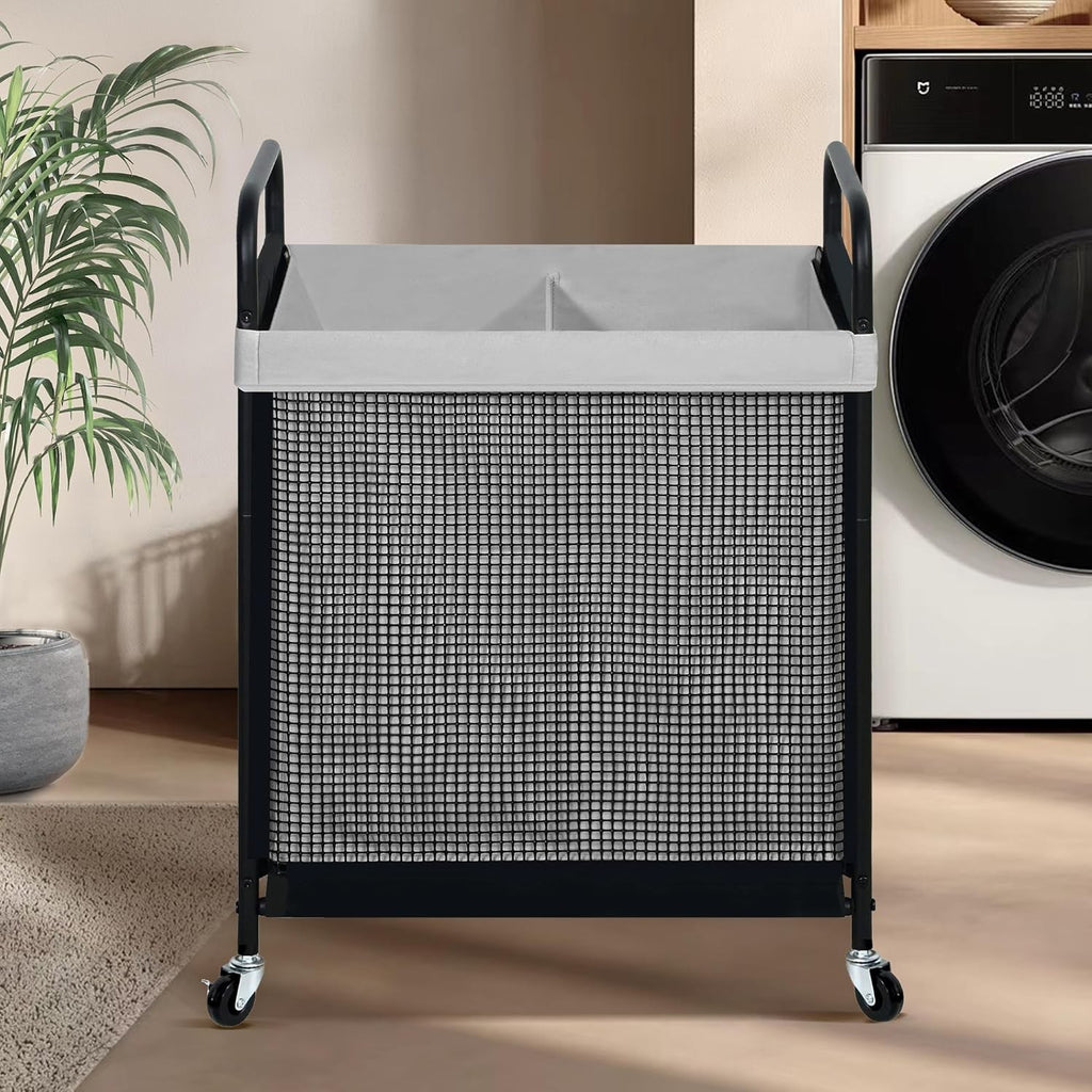 100L Rolling Laundry Hamper 2 Section Cart with Wheels Removable Washable Bag