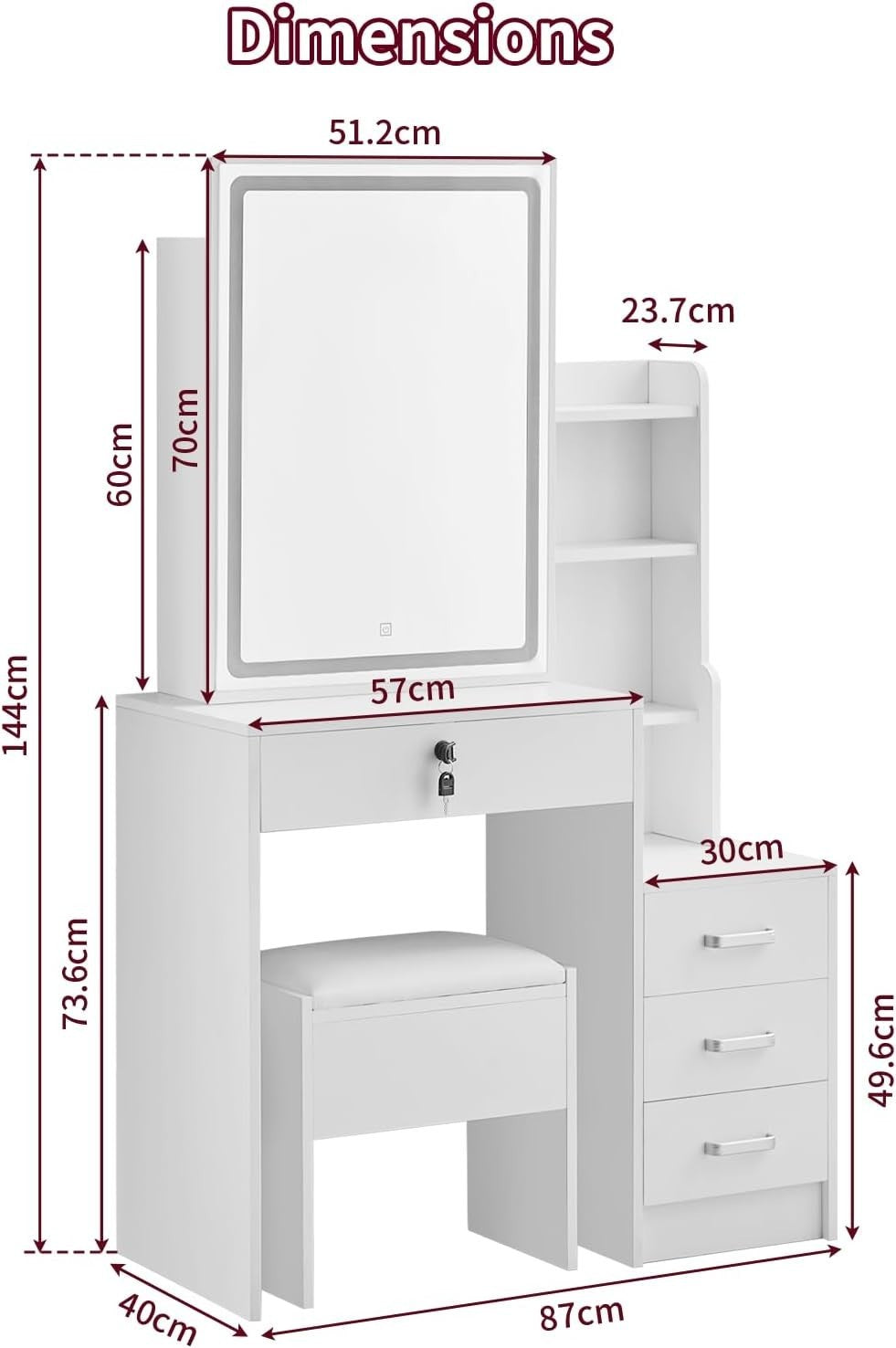 White Vanity Makeup Table Set LED Mirror Desk Stool Storage 4 Drawers