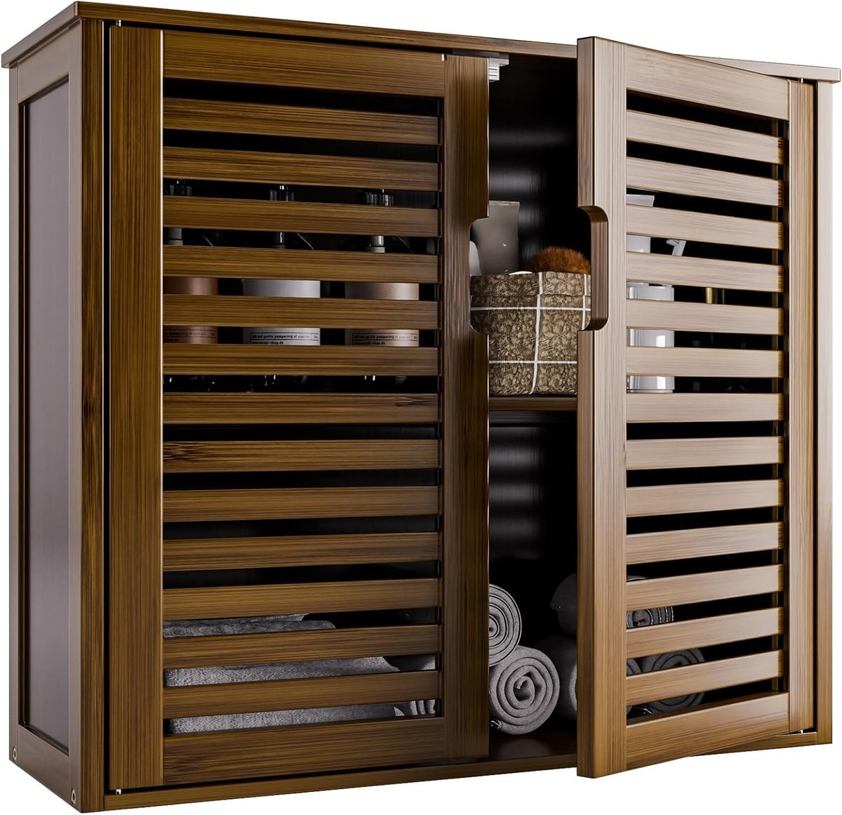 Bamboo Wall Mounted Bathroom Cabinet 2 Doors Adjustable Shelf Storage