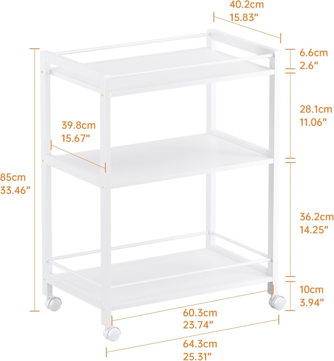 64x40x85cm White Bar Cart 3 Tier Rolling Drinks Trolley