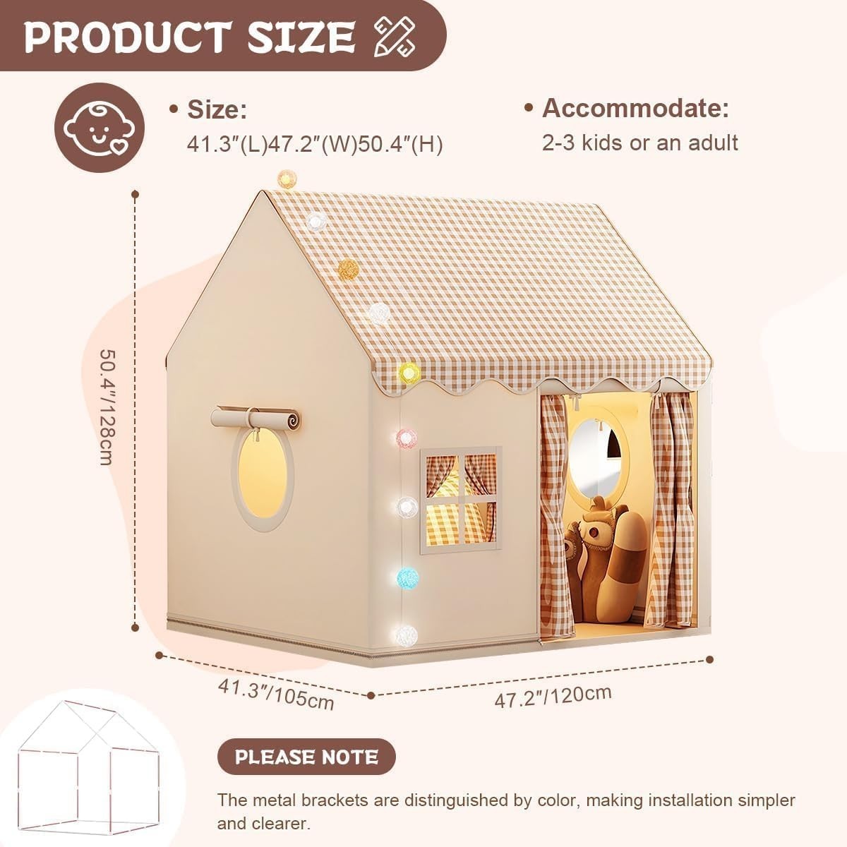 Kids Teepee Play Tent Beige Star Lights Indoor Outdoor Washable House