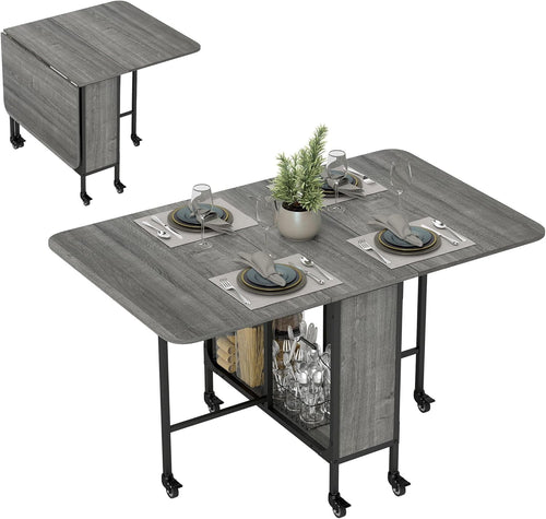 Folding Drop Leaf Dining Table with Wheels & Storage Shelf for Small Spaces