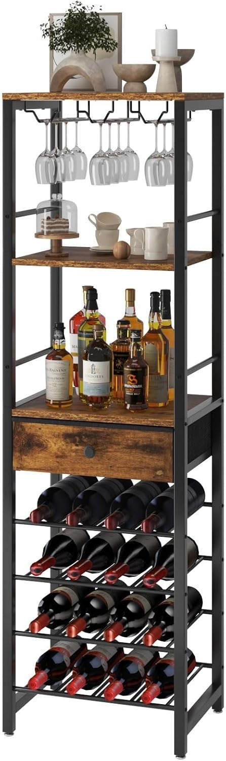 Freestanding Wine Rack Bar Cabinet with Drawer 16 Bottle Storage Shelf