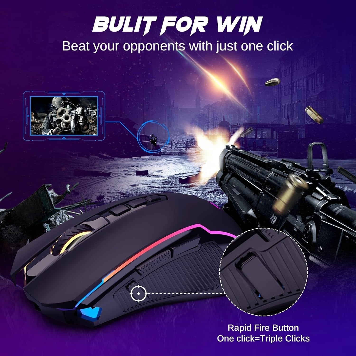 Wireless Gaming Mouse 12000 DPI RGB 9 Buttons Tri-Mode Rechargeable