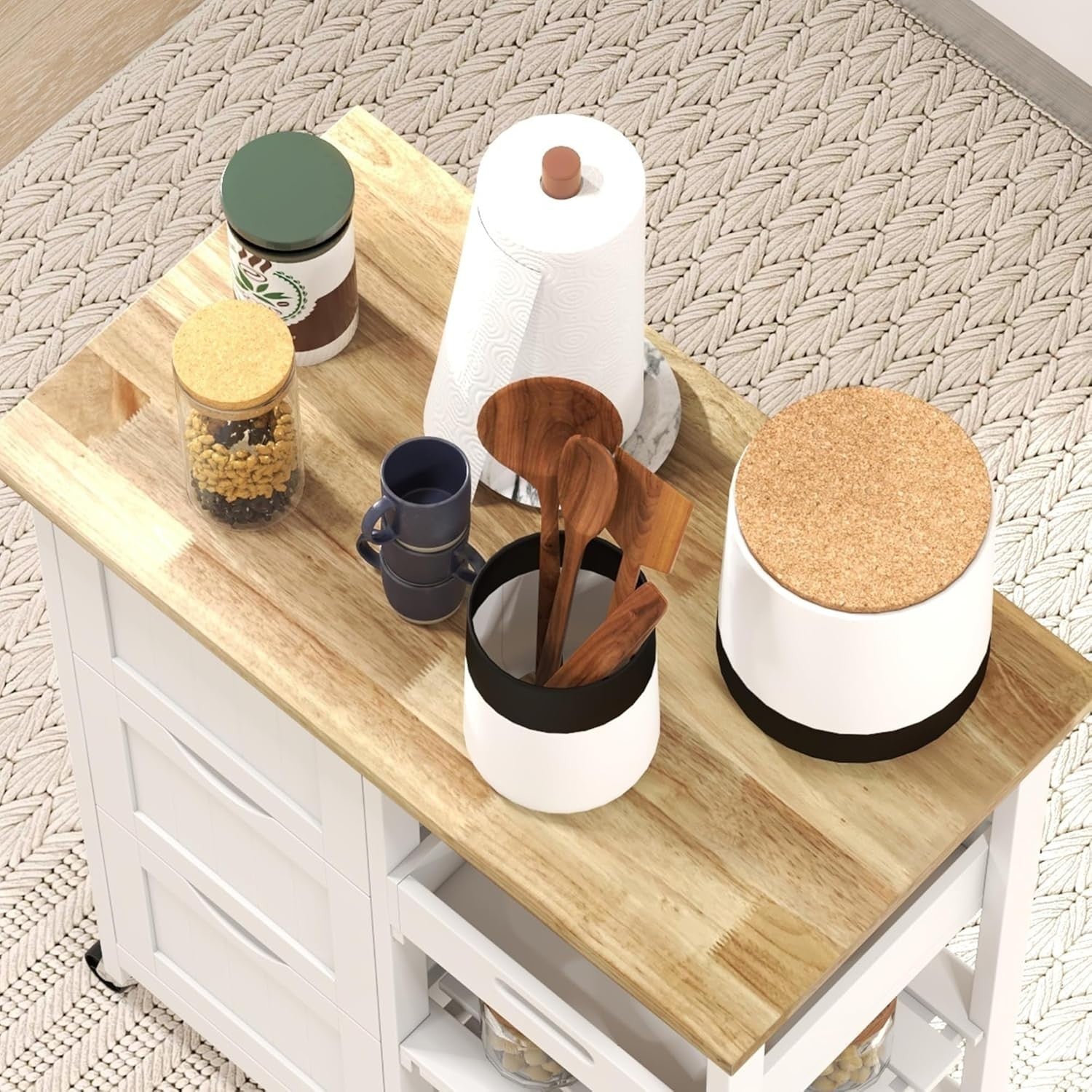 Rolling Kitchen Island Cart with Storage Drawers & Removable Tray, White Trolley