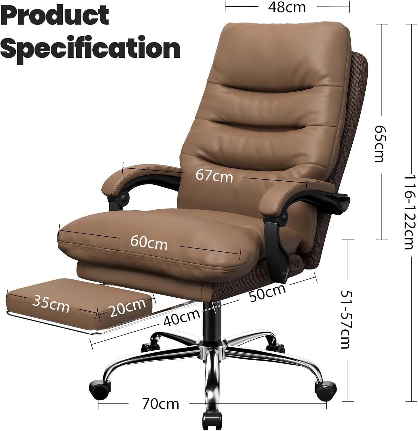 Big & Tall Ergonomic Office Chair Executive Adjustable Footrest Brown Faux Leath