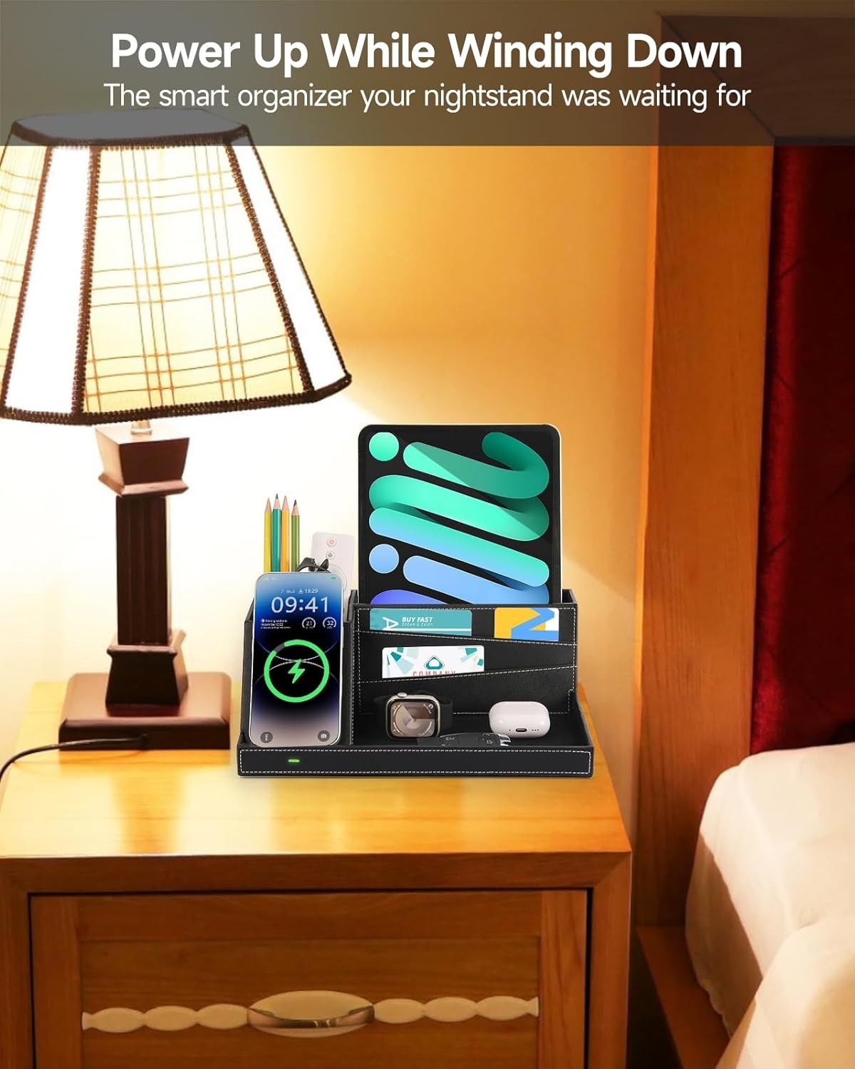 Wireless Charger Desk Organiser Leather Phone Charging Station Valet Tray
