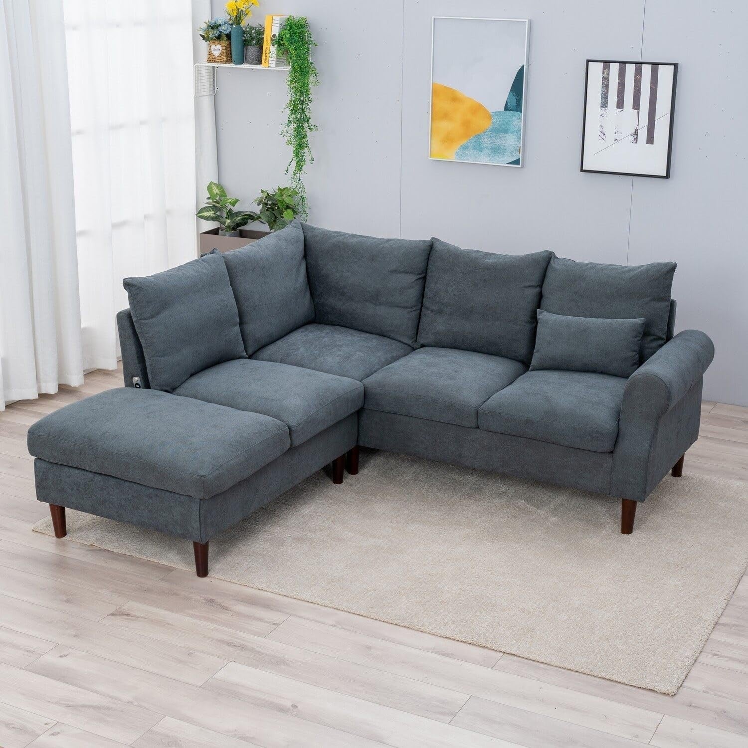 5 Seater Corner Sofa with Chaise & USB Charging Port – Grey Linen, 200x195cm