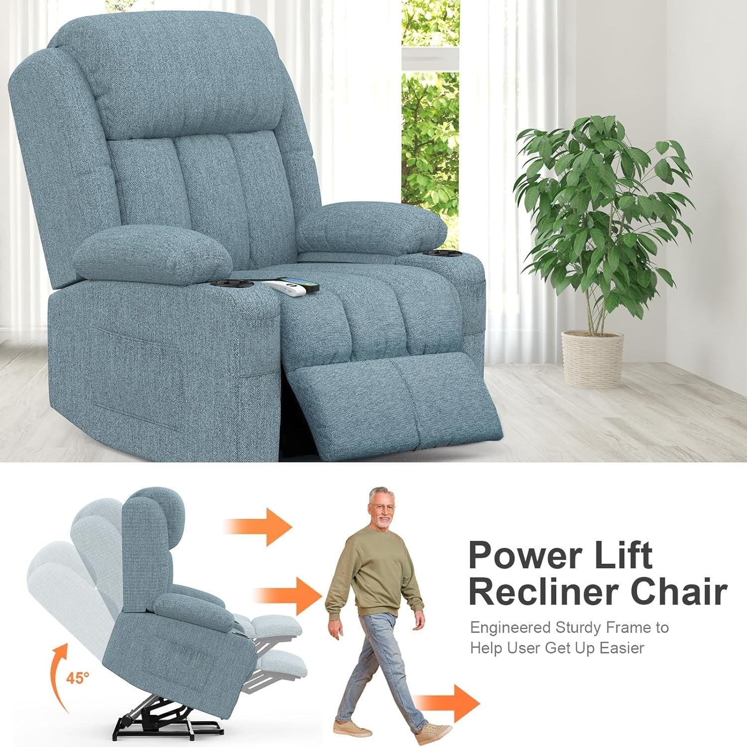 Power Lift Recliner Chair Massage Heat USB Ports Cup Holders Fabric Blue