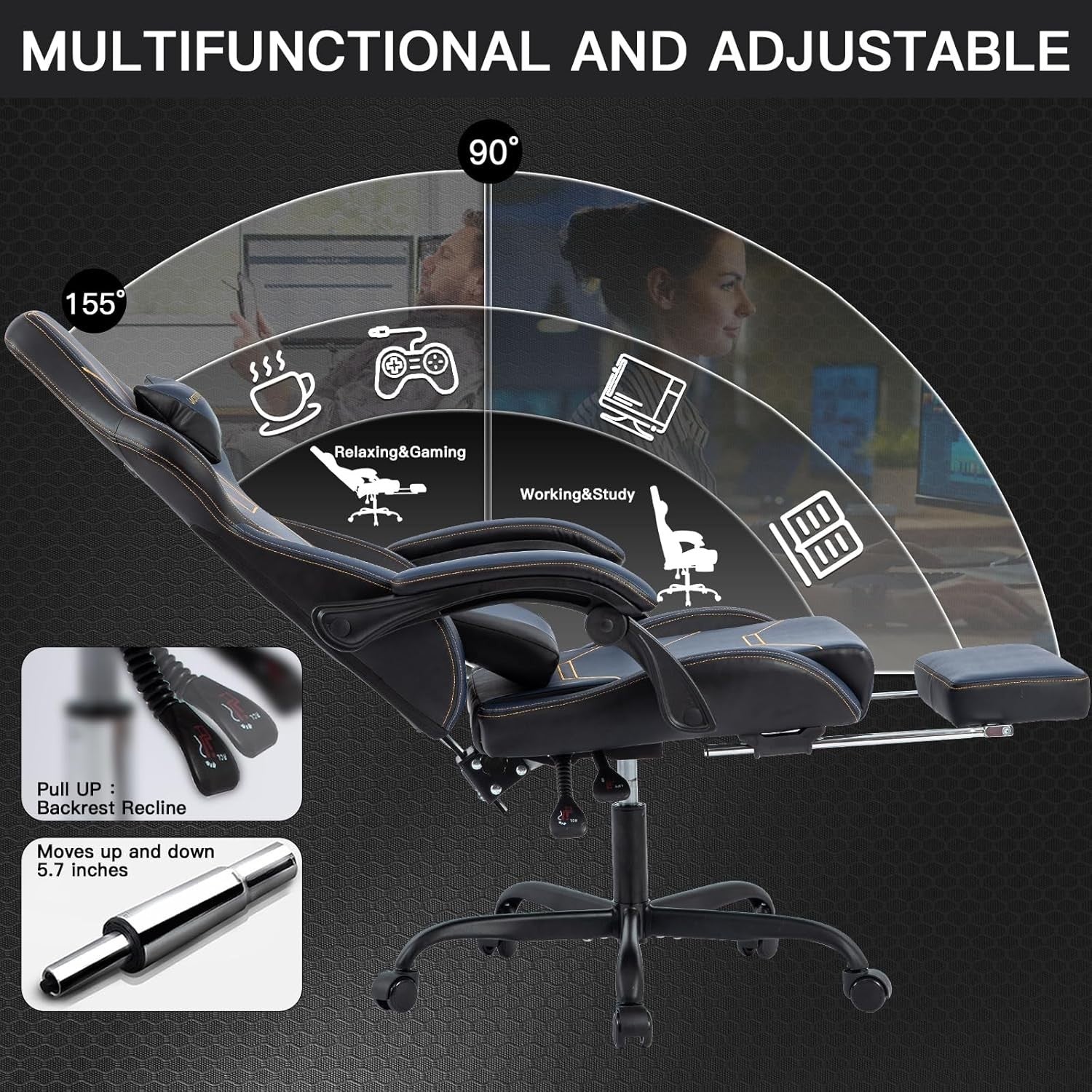 Ergonomic Gaming Chair w/ Footrest, Massage Lumbar, High Back, PU Leather, 330lb