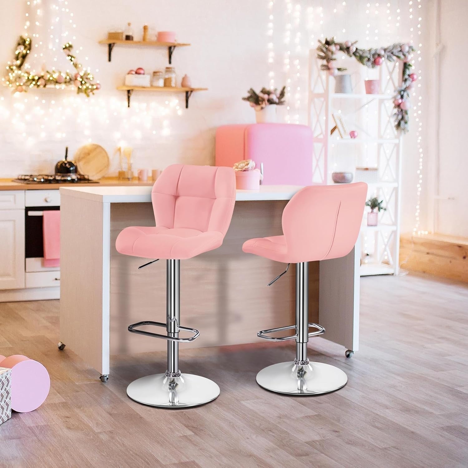 Adjustable Pink PU Leather Bar Stools Set of 2 – Swivel Counter Chairs