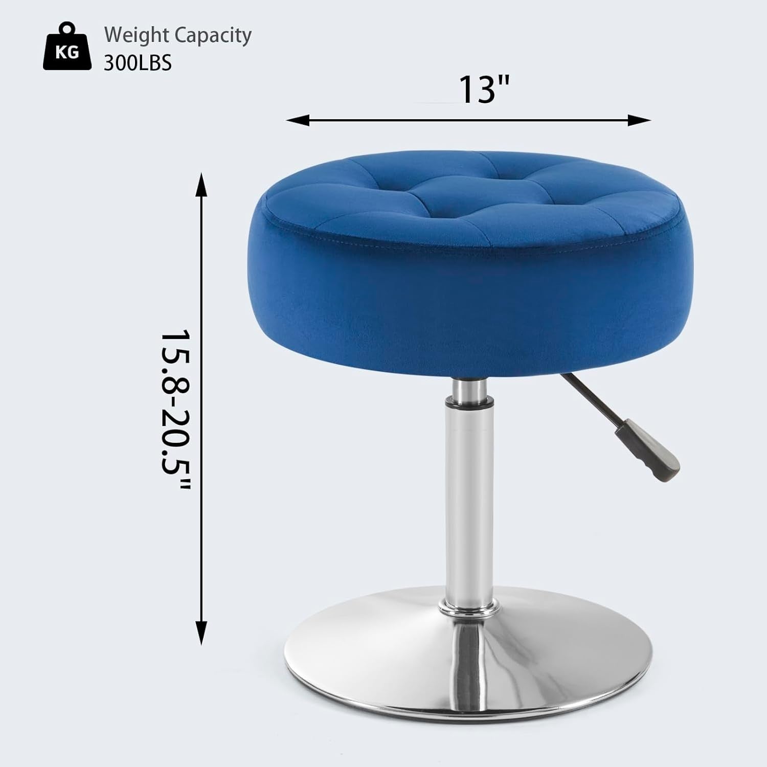 Blue Velvet Adjustable Vanity Chair – Round Swivel Makeup Stool with Chrome Base