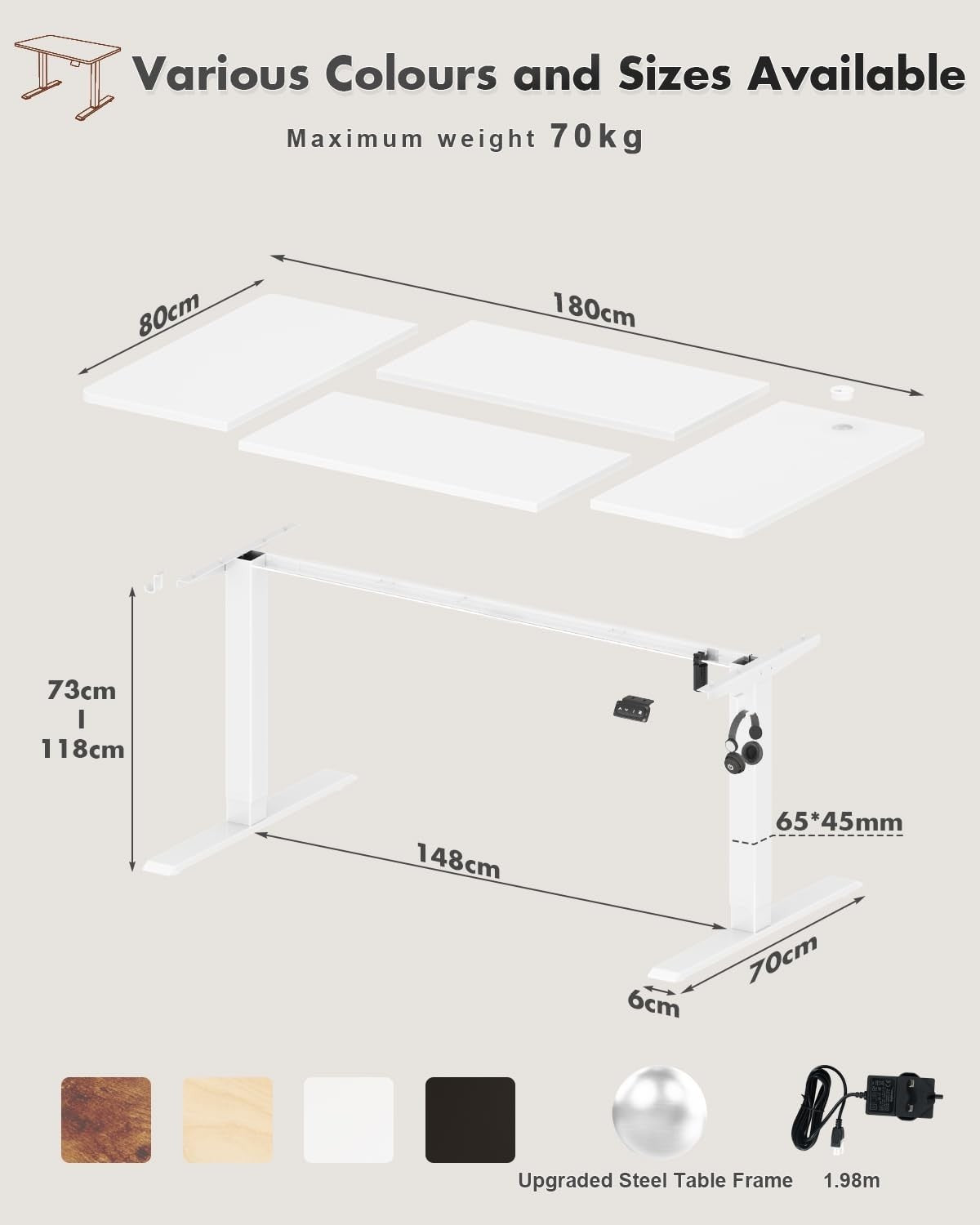 Electric Standing Desk 180x80cm Adjustable Height Table with Memory White