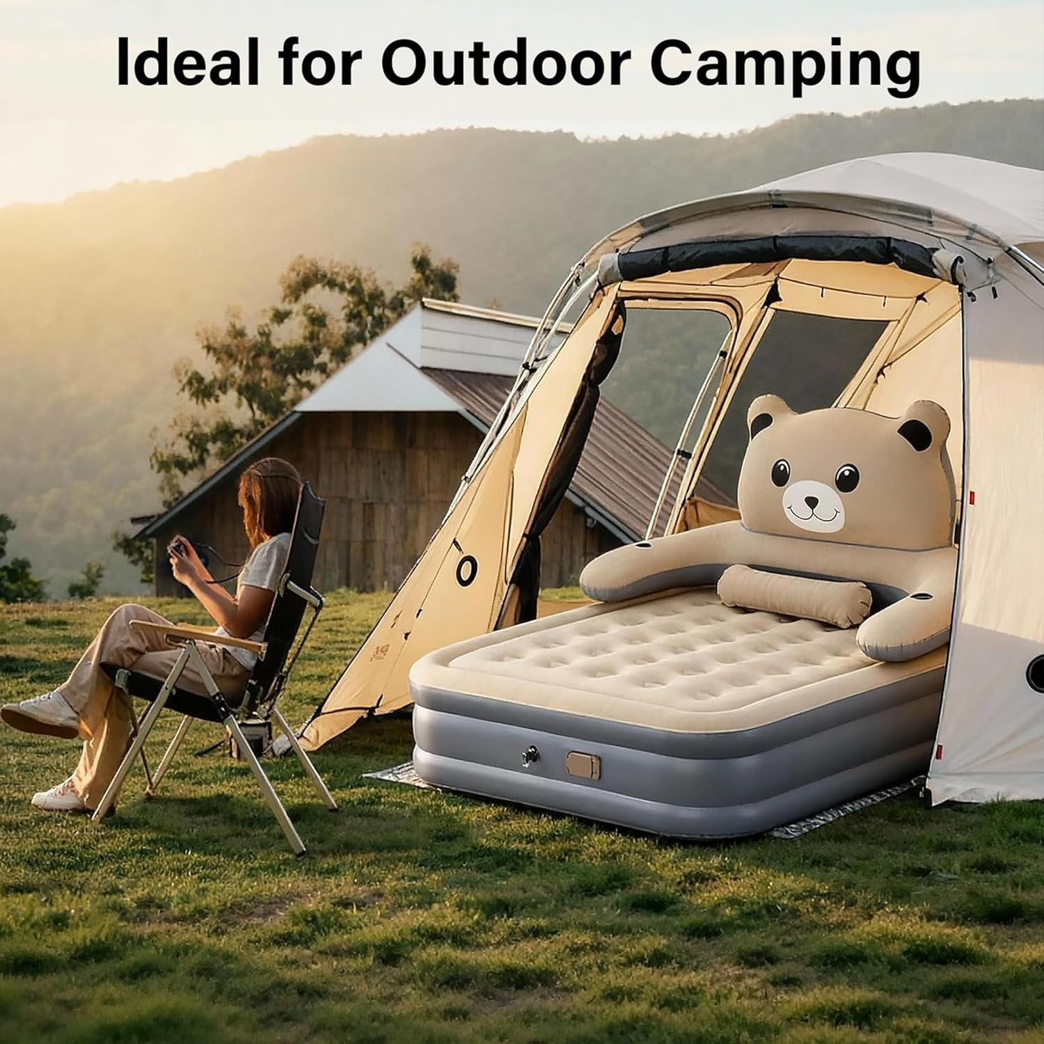 Double Inflatable Air Mattress with Electric Pump, Headboard & Cup Holder