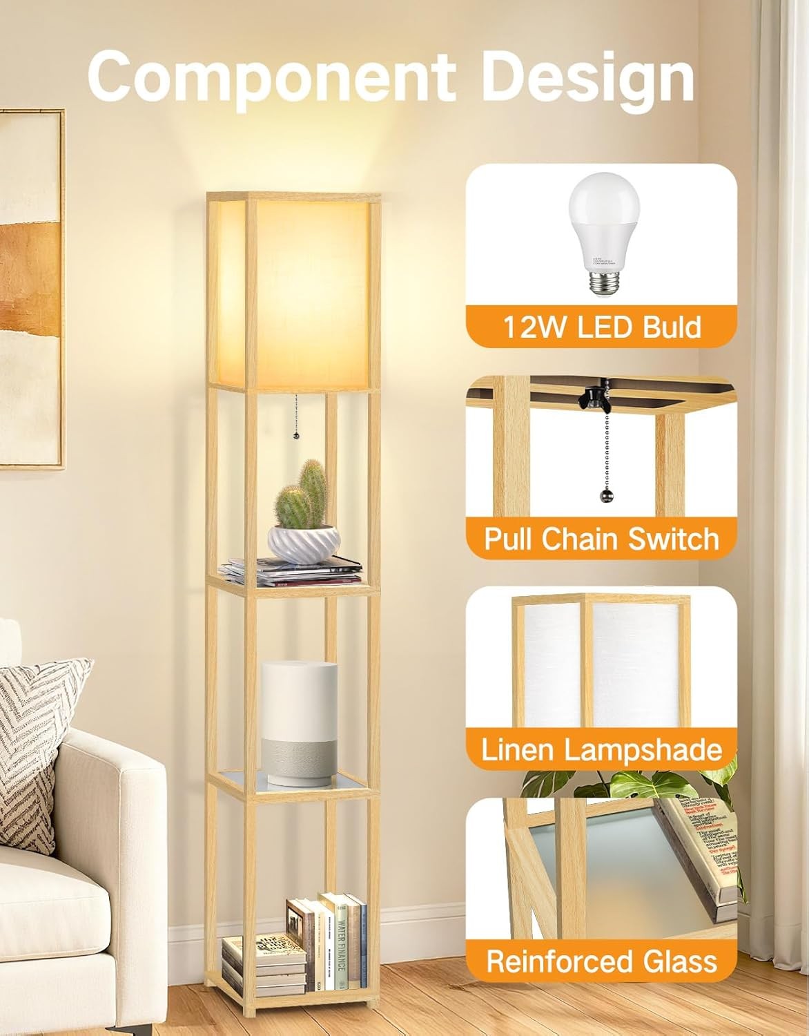 Floor Lamp with Shelves LED Adjustable Colour Standing Storage Light Wood