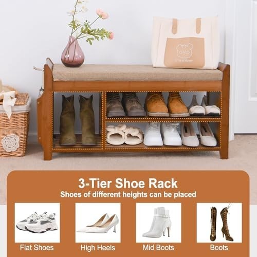 Bamboo Shoe Storage Bench 2 Tier with Cushion Drawer Side Holder Brown 39inch
