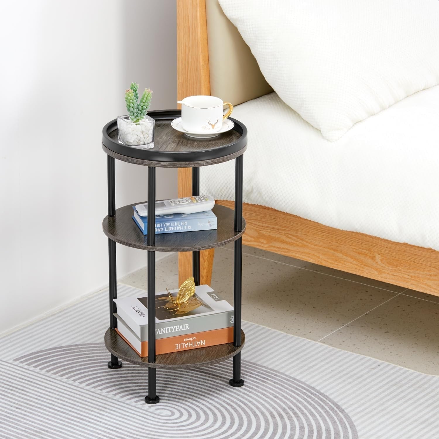 3 Tier Round Side Table with Storage Shelf Metal Frame Small Space Grey 30x55
