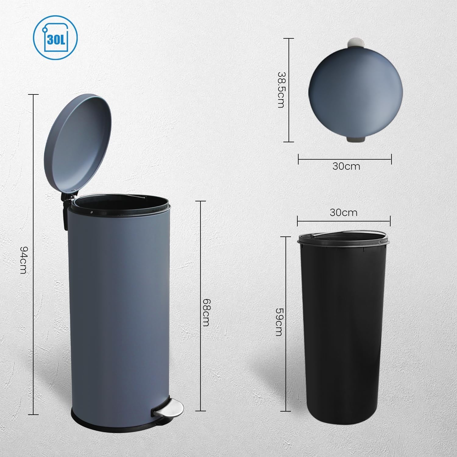 30L Round Stainless Steel Pedal Bin Soft Close Kitchen Grey